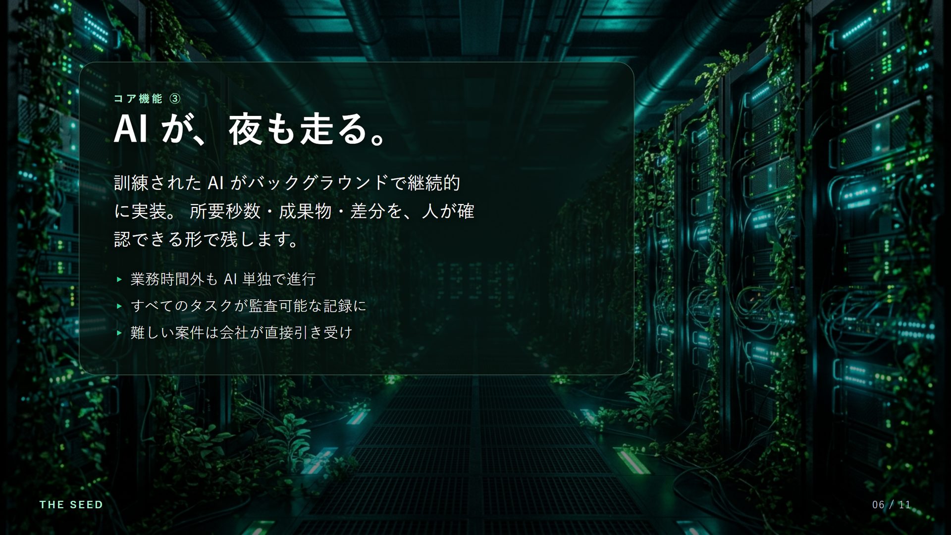 コア機能③：AI が、夜も走る。