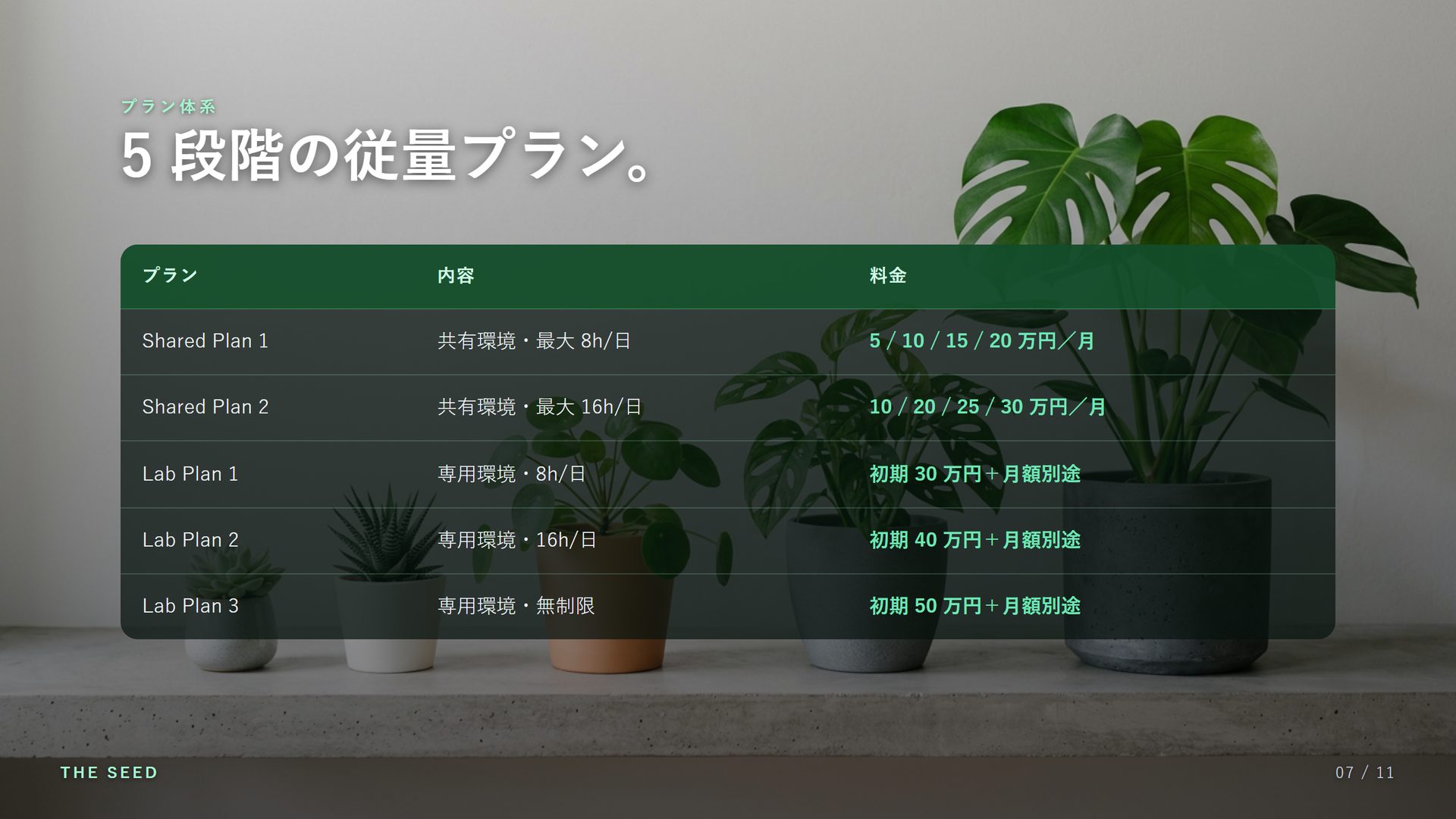 プラン体系：5 段階の従量プラン。